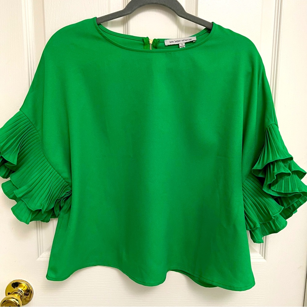 Love Letter Collection Green Ruffle Pleat Sleeve Top